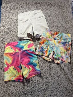 Fleo Women's Athletic Shorts Trio - White, Multicolor Swirl, Tie-Dye